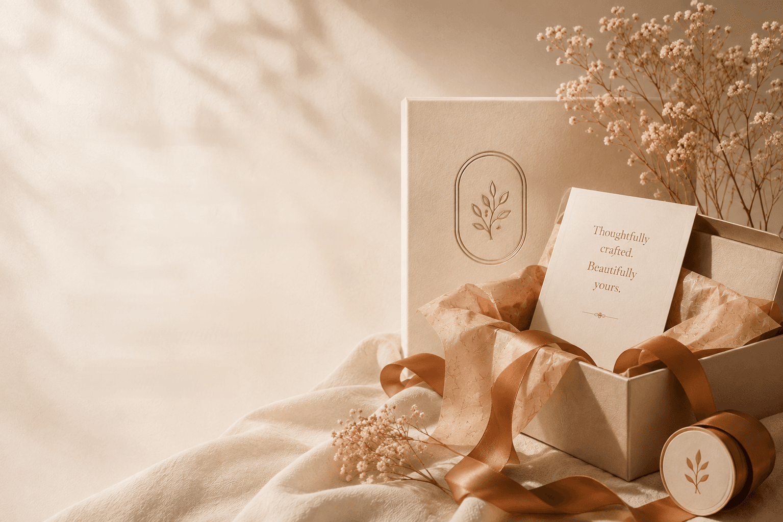 An elegant open gift box with copper ribbon, a personalized card, and dried flowers