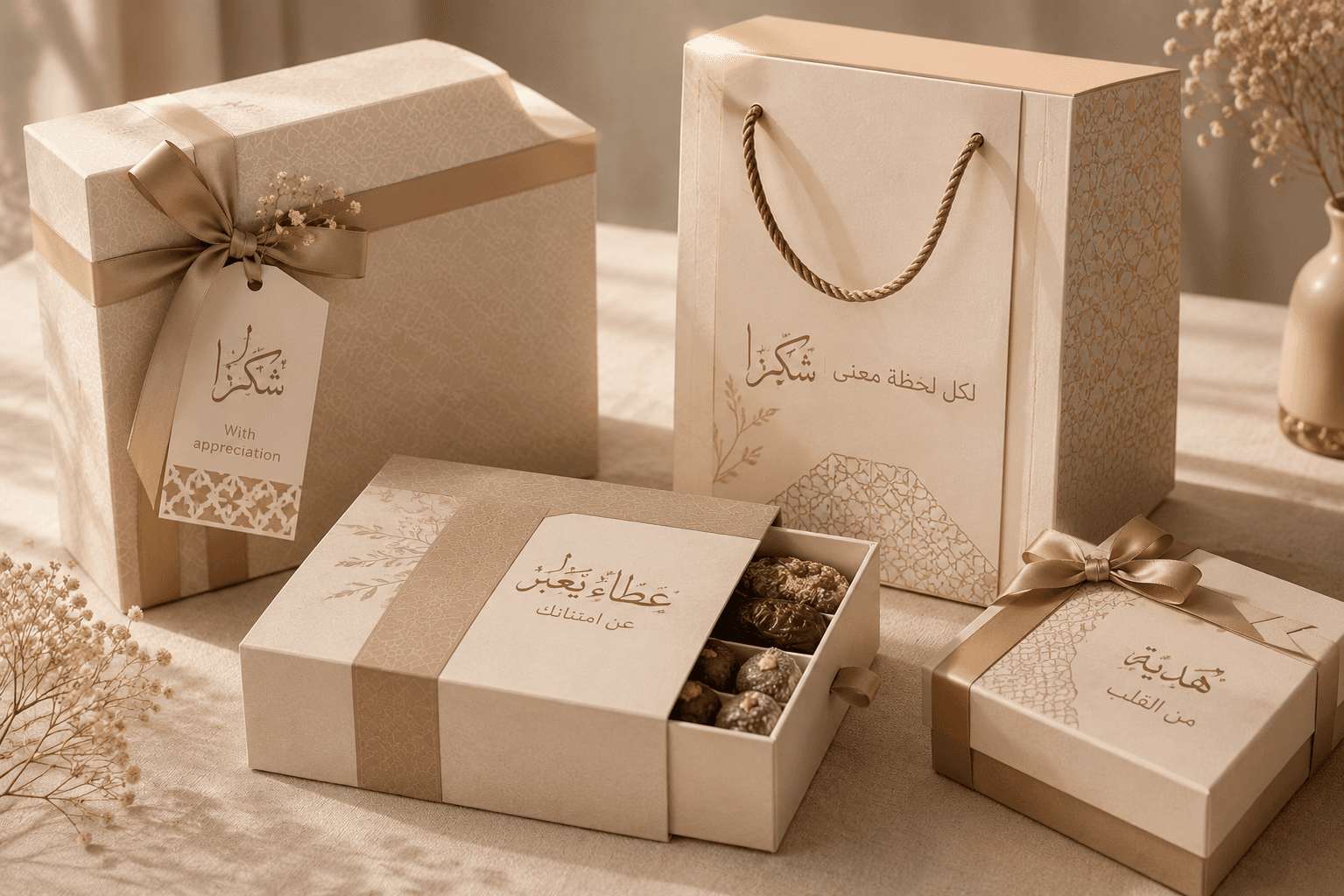 The Label Concept gift bags, candles, and ribboned gift boxes in warm neutral tones