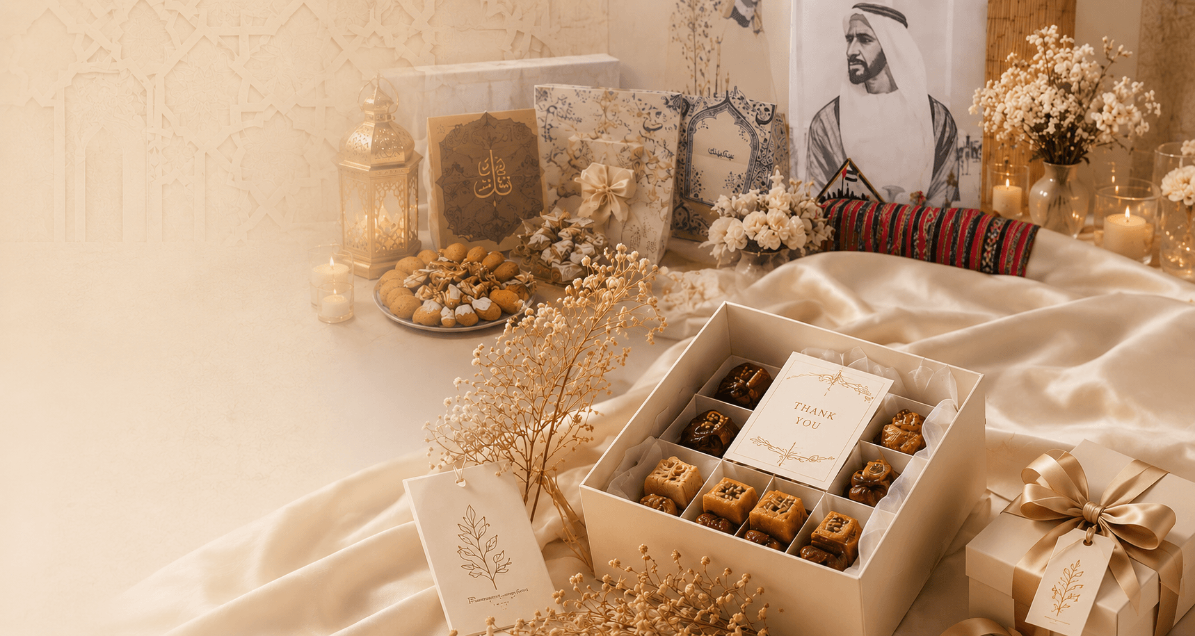 An elegant open gift box with copper ribbon, a personalized card, and dried flowers